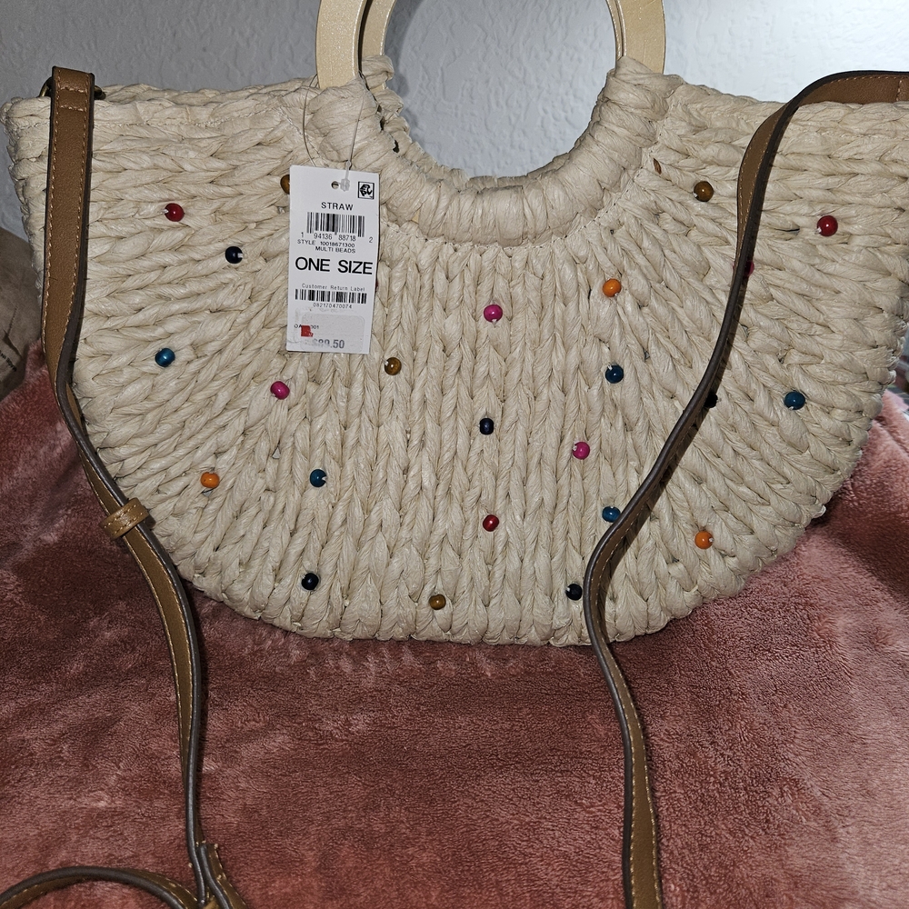 Beaded Straw Handbag with Tan Straps
